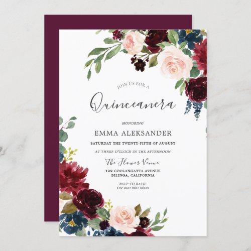 Burgundy Blush floral Beautiful Quinceanera Invite