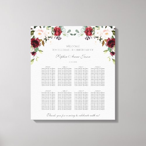 Burgundy Blush Floral Birthday Seating Chart Canvas Print