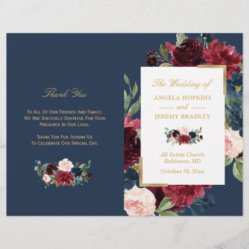 Burgundy Blush Floral Blue Folded Wedding Program