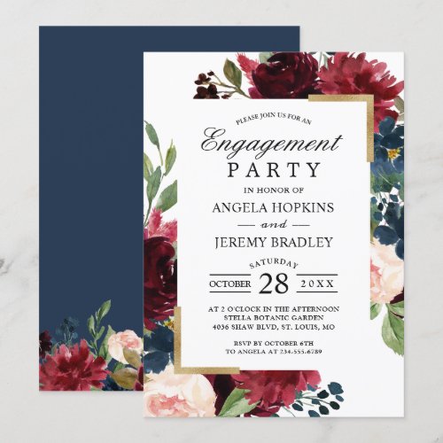 Burgundy Blush Floral Blue Gold Engagement Party Invitation