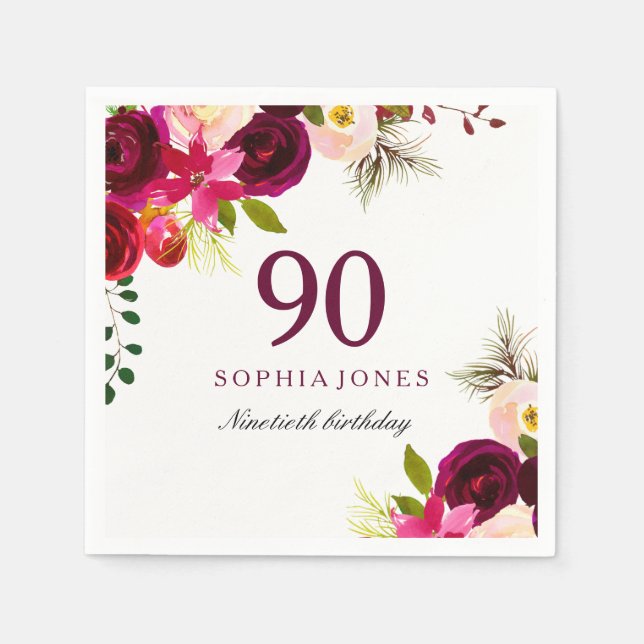 Burgundy Blush Floral Boho 90th Birthday Party Napkins (Front)