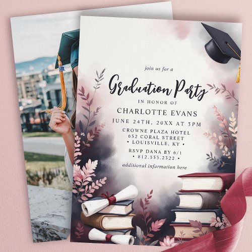 Other Occasions 6 Burgundy Blush Floral Books Graduation Party Photo Invitation