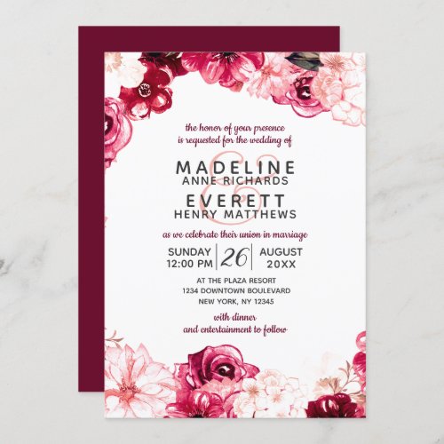 Burgundy  Blush Floral Border Wedding Invitations