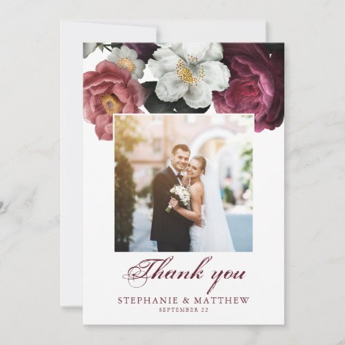 Burgundy Blush Floral Botanical Photo Wedding Thank You Card