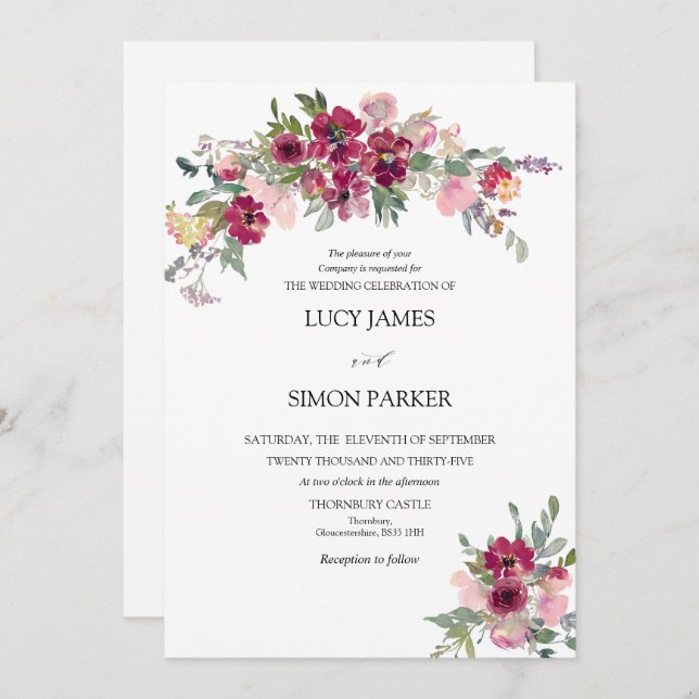 Burgundy Blush floral bouquet Wedding Invitation (Front/Back)