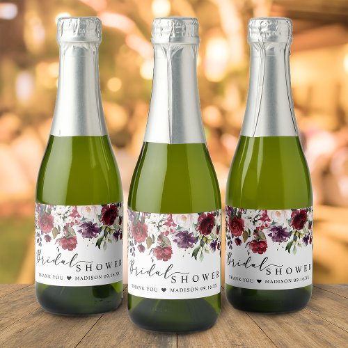 Burgundy Blush Floral Bridal Shower Favor Sparkling Wine Label
