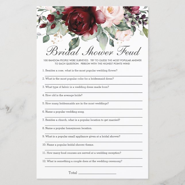 Burgundy Blush Floral Bridal Shower Feud Game (Front)