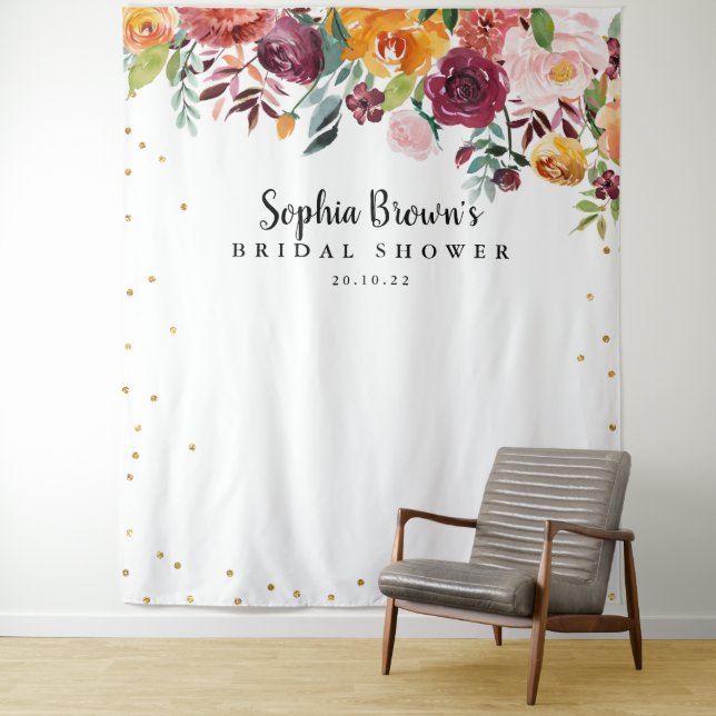 Burgundy Blush Floral Bridal Shower Photo Booth Tapestry (In Situ)