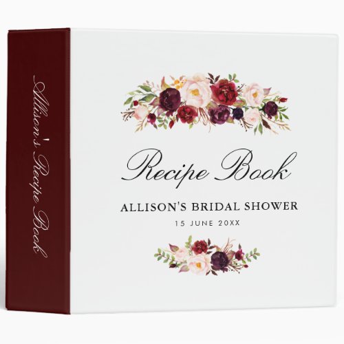 burgundy blush floral bridal shower recipe book 3 ring binder