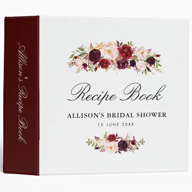 burgundy blush floral bridal shower recipe book 3 ring binder (Front/Spine)