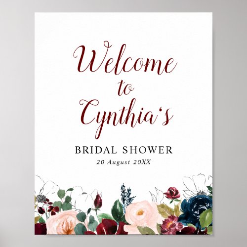 burgundy  blush floral bridal shower welcome sign