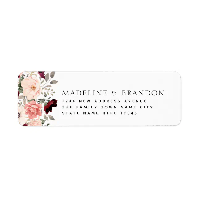 Burgundy Blush Floral Bride & Groom Address Label | Zazzle