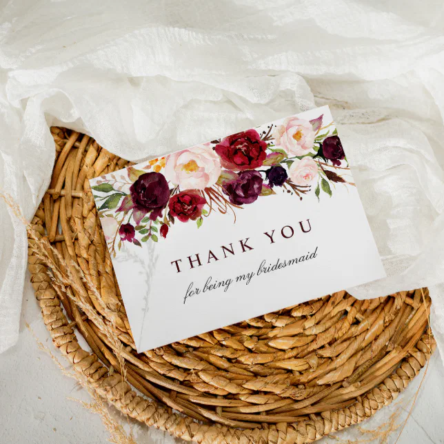 Burgundy Blush Floral Bridesmaid Thank You Card Zazzle