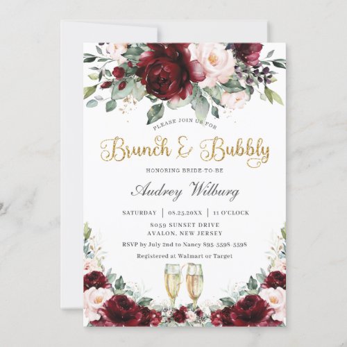 Burgundy Blush Floral Brunch Bubbly Bridal Shower Invitation
