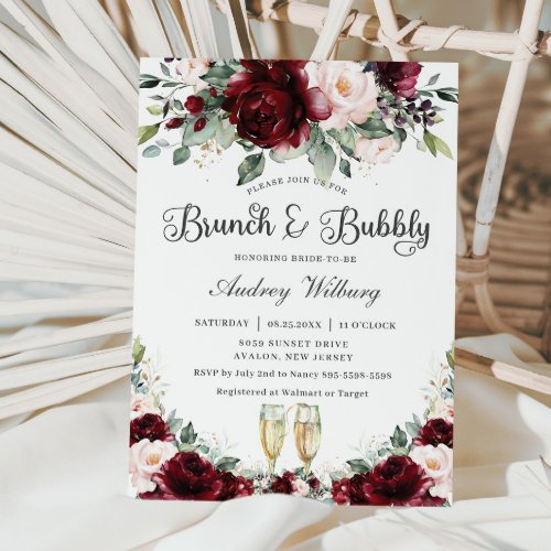 Burgundy Blush Floral Brunch Bubbly Bridal Shower Invitation