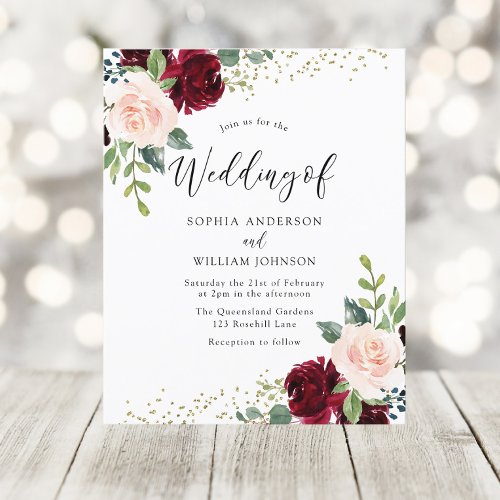 Burgundy  Blush Floral Budget Wedding Invitation