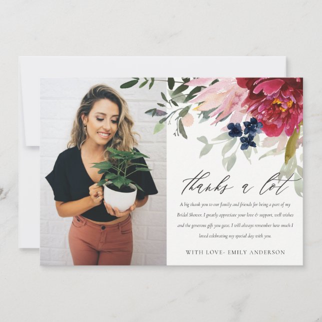 Burgundy Blush Floral Bunch Photo Bridal Shower Thank You Card (Front)