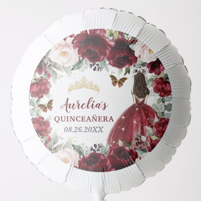 Burgundy Blush Floral Butterflies Crown Princess Balloon (Front)