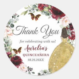 Burgundy Blush Floral Butterflies Princess Gold Classic Round Sticker