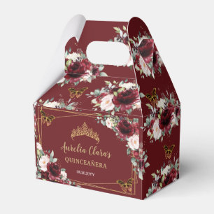 Burgundy Blush Floral Butterflies Quinceañera Favor Boxes