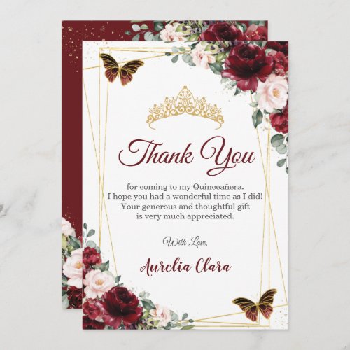 Burgundy Blush Floral Butterflies Thank You Card