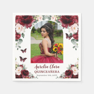 Burgundy Blush Floral Butterfly Quinceañera Photo Napkins