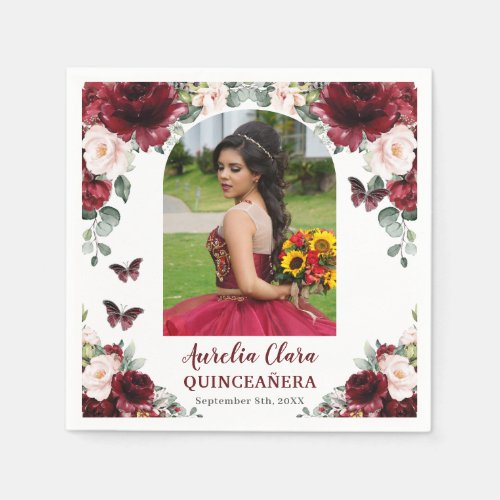 Burgundy Blush Floral Butterfly Quinceaera Photo Napkins