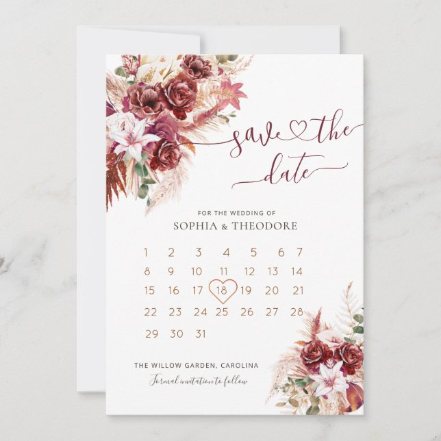 Burgundy & Blush Floral Calendar Save The Date (Front)