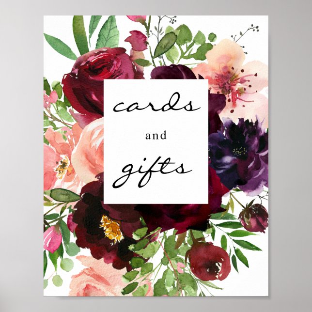 Burgundy & Blush Floral Cards & Gifts Sign Poster (Front)
