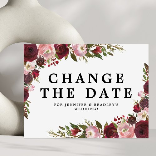 Burgundy Blush Floral Change The Date Announcement Postcard