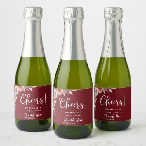 Burgundy Blush Floral Cheers Liquor Wine Favor Sparkling Wine Label