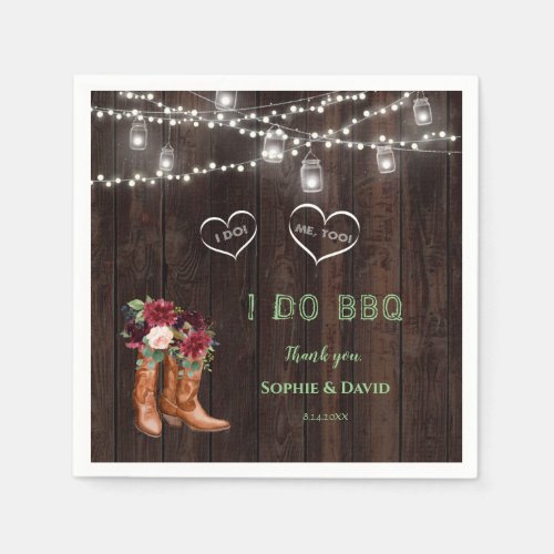 Burgundy Blush Floral Cowboy Boots After I DO BBQ Napkins