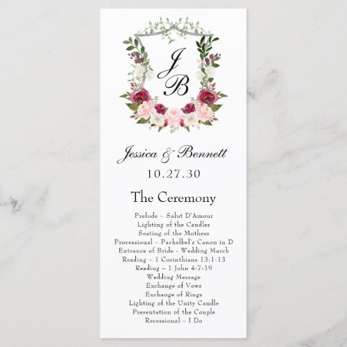 Burgundy Blush Floral Crest Wedding Program