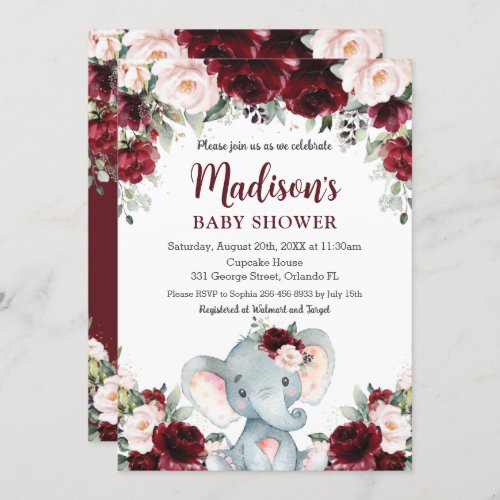 Burgundy Blush Floral Cute Elephant Baby Shower Invitation