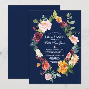 Burgundy Blush Floral Dark Blue Bridal Shower Invitation