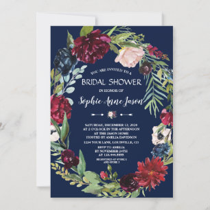 Burgundy Blush Floral Dark Blue Bridal Shower Invitation
