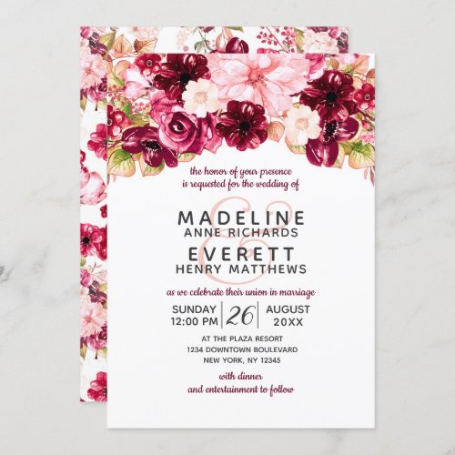 Burgundy  Blush Floral Drop Wedding Invitations