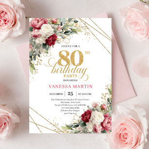 Burgundy blush floral elegant gold design 80th invitation