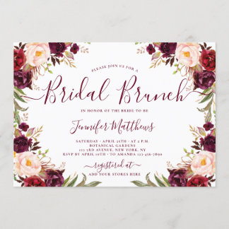Burgundy Blush Floral Elegant Script Bridal Brunch Invitation