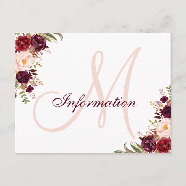 Burgundy Blush Floral Elegant Wedding Information Enclosure Card (Front)