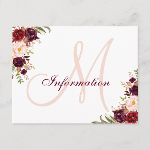 Burgundy Blush Floral Elegant Wedding Information Enclosure Card