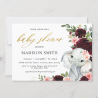 Burgundy Blush Floral Elephant Baby Shower     Invitation