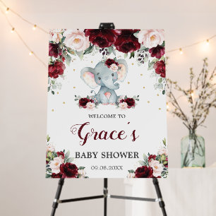 Burgundy Blush Floral Elephant Baby Shower Welcome Foam Board
