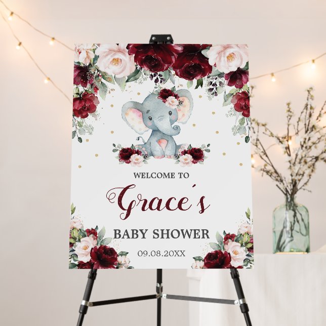 Burgundy Blush Floral Elephant Baby Shower Welcome Foam Board (In Situ (Stand))