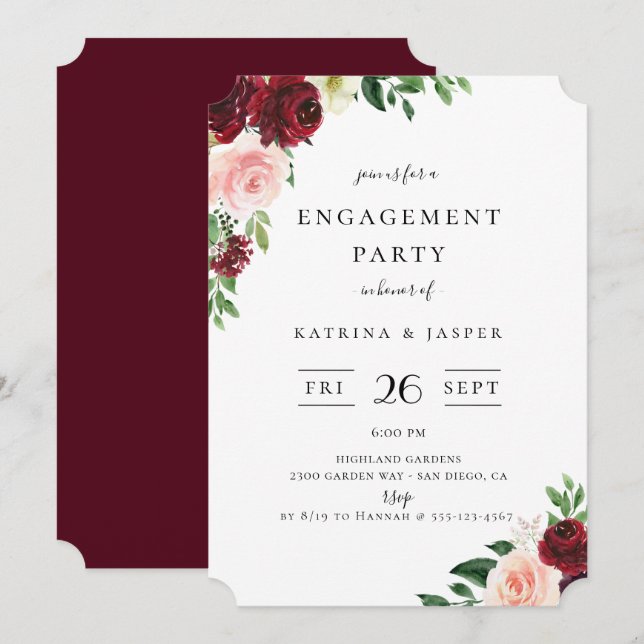 Burgundy Blush Floral Engagement Party Invitation (Front/Back)