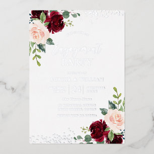  Burgundy Blush Floral Engagement Party Silver Foil Invitation
