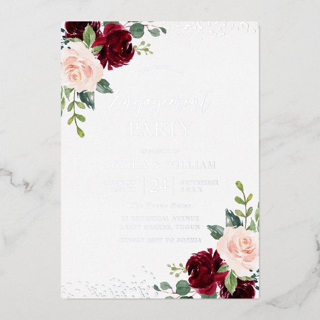  Burgundy Blush Floral Engagement Party Silver Foil Invitation (Front)
