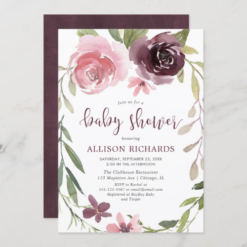 Burgundy blush floral fall girl baby shower invitation