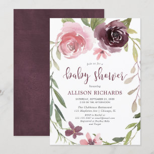 Burgundy blush floral fall girl baby shower invitation
