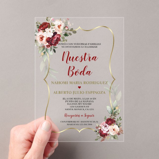 Burgundy Blush Floral Fall Spanish Nuestra Boda  Acrylic Invitations (Insitu (Handheld))